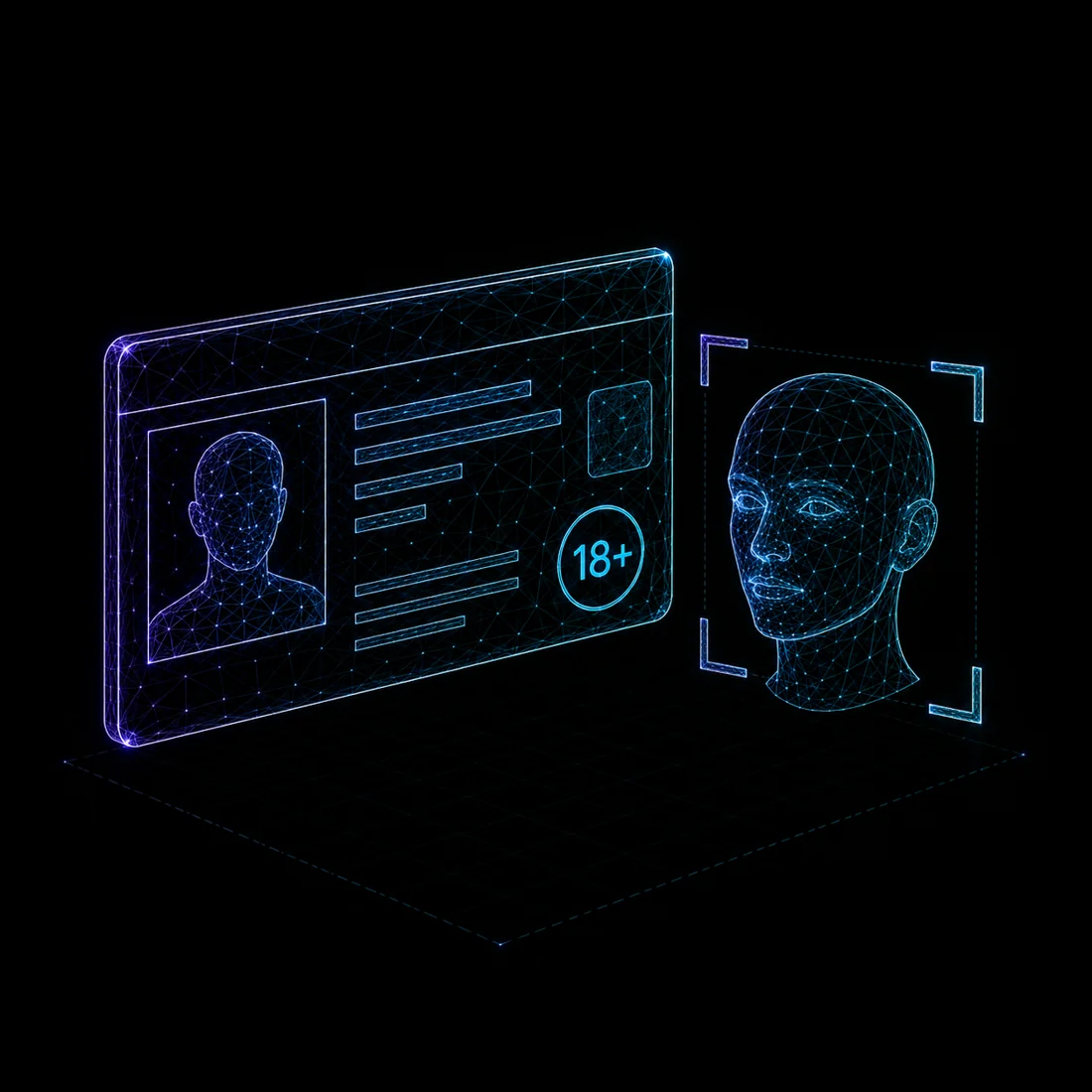 Wireframe face with age-estimation markers, AI age detection and verification