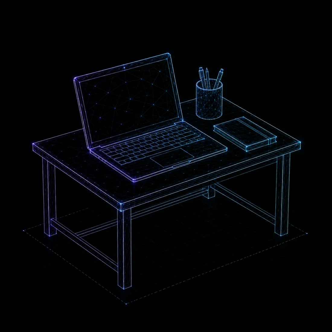 Wireframe laptop open on a desk, campus access and automated attendance