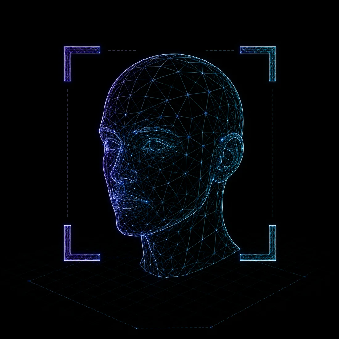 Wireframe face overlaid with a recognition mesh, on-premise facial recognition