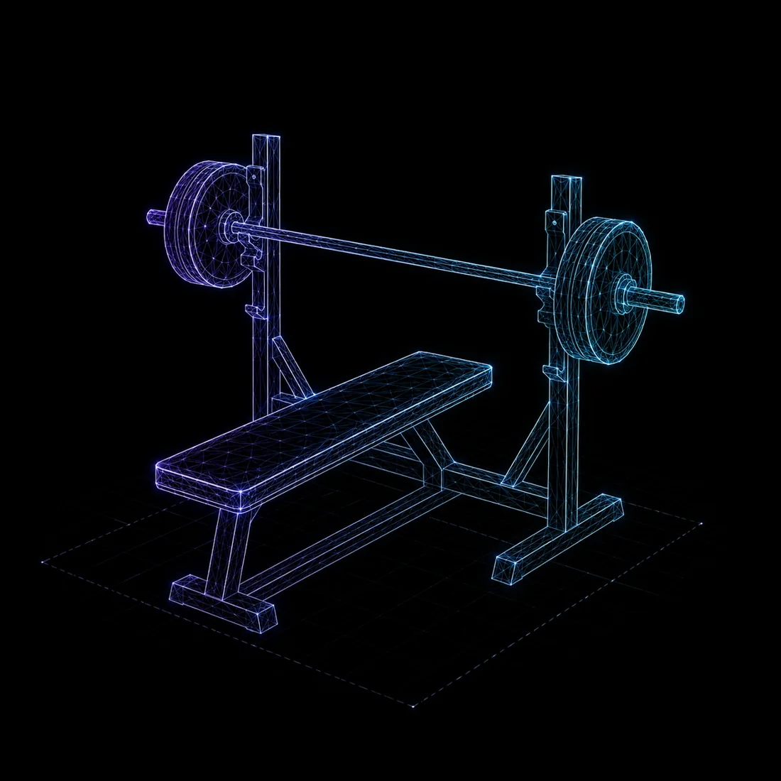 Wireframe athlete at a bench press, gym member verification