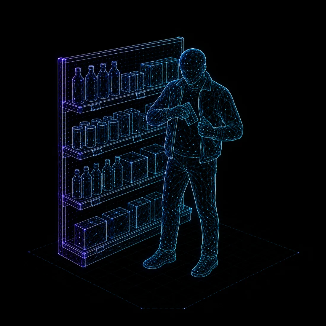 Wireframe figure concealing an item beside a stocked retail shelf, retail loss prevention