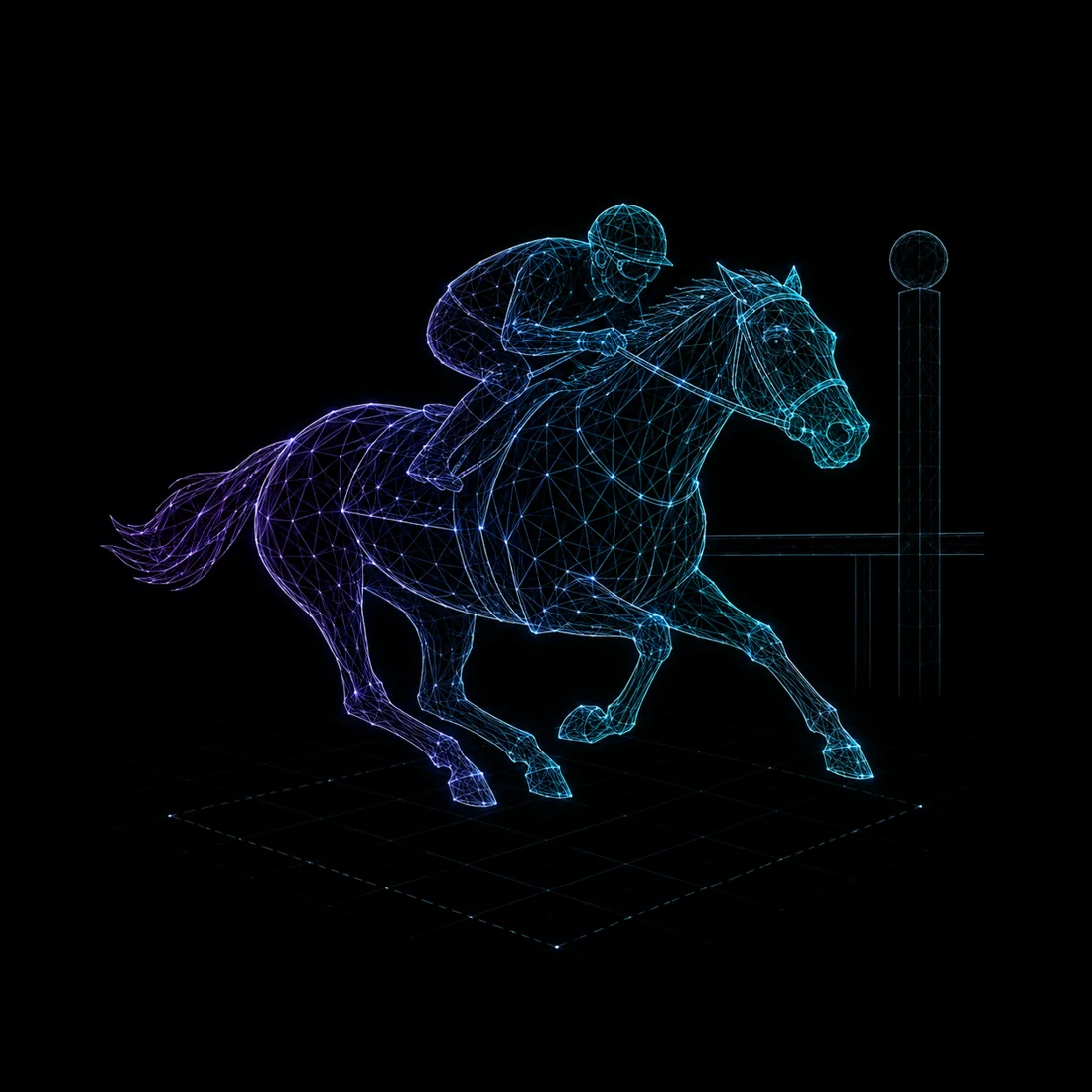 Wireframe racehorse and jockey mid-stride, wagering and responsible gambling
